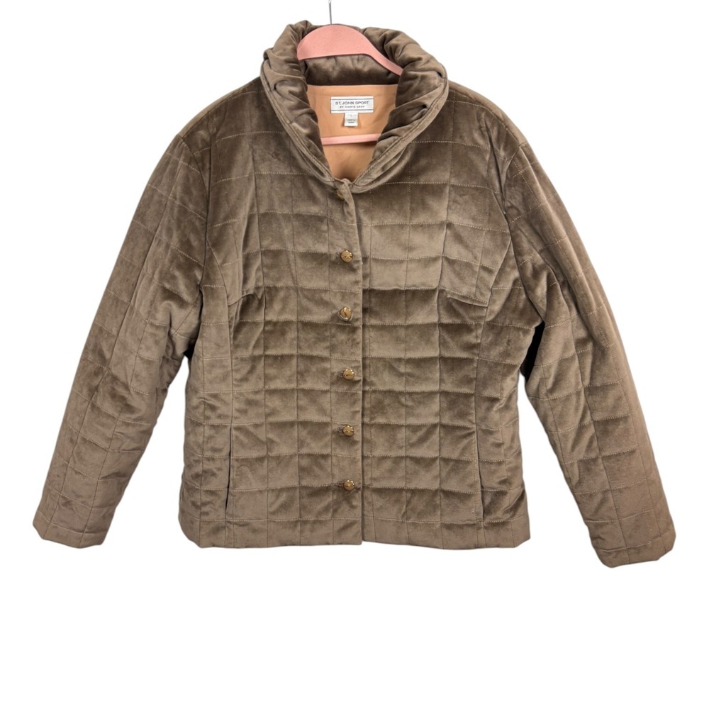 St John Sport Brown Quilted Velvet Jacket Funnel Neck Gold Button Front Size L